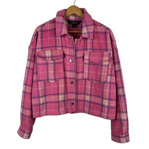 JouJou Plaid Shacket Sz L Snap Front Cropped Jacket‎ Pink Blue Oversized Boxy